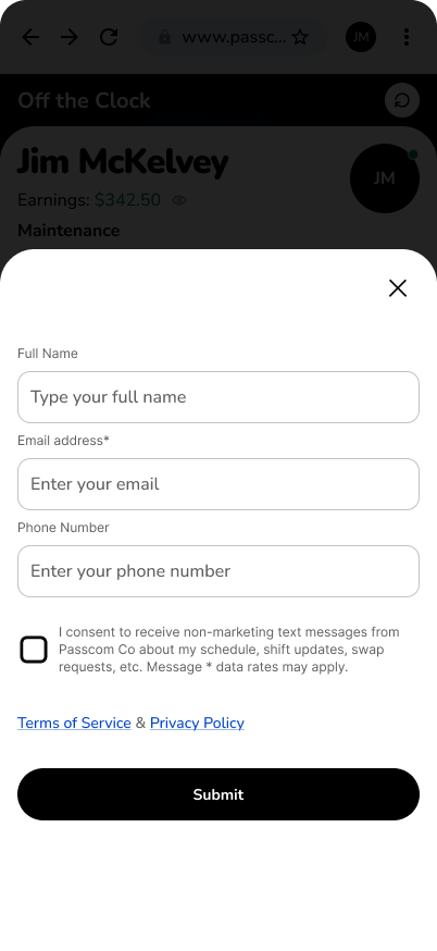 Passcom Kronto SMS consent form showing phone number field and consent checkbox